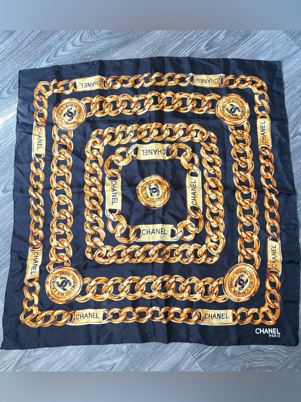 Vintage CHANEL Silk Scarf 31 Rue Cambon Paris Gold Chain Link